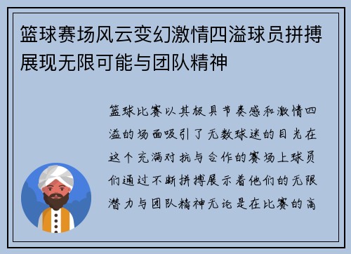 篮球赛场风云变幻激情四溢球员拼搏展现无限可能与团队精神