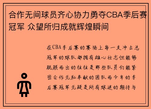合作无间球员齐心协力勇夺CBA季后赛冠军 众望所归成就辉煌瞬间